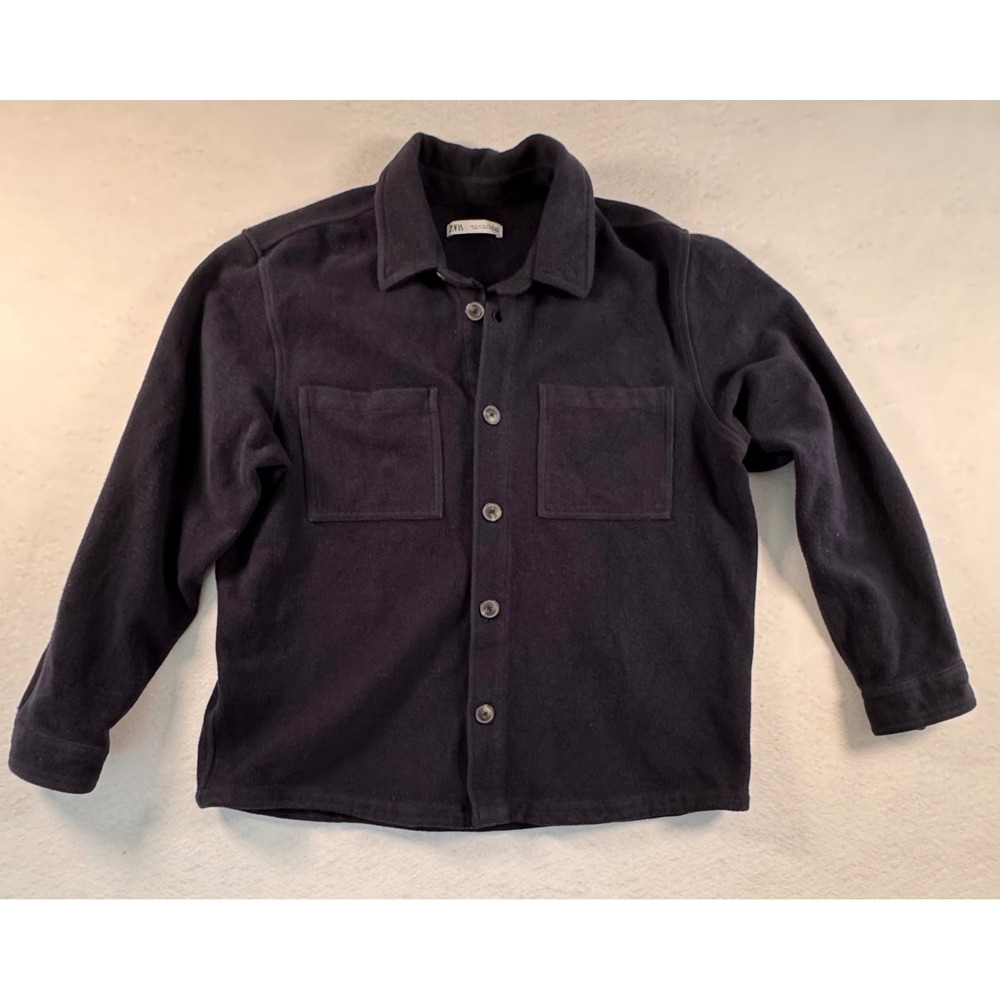 Zara Mens XL Navy Blue Cotton Fleece Button Down Shacket Overshirt Jacket